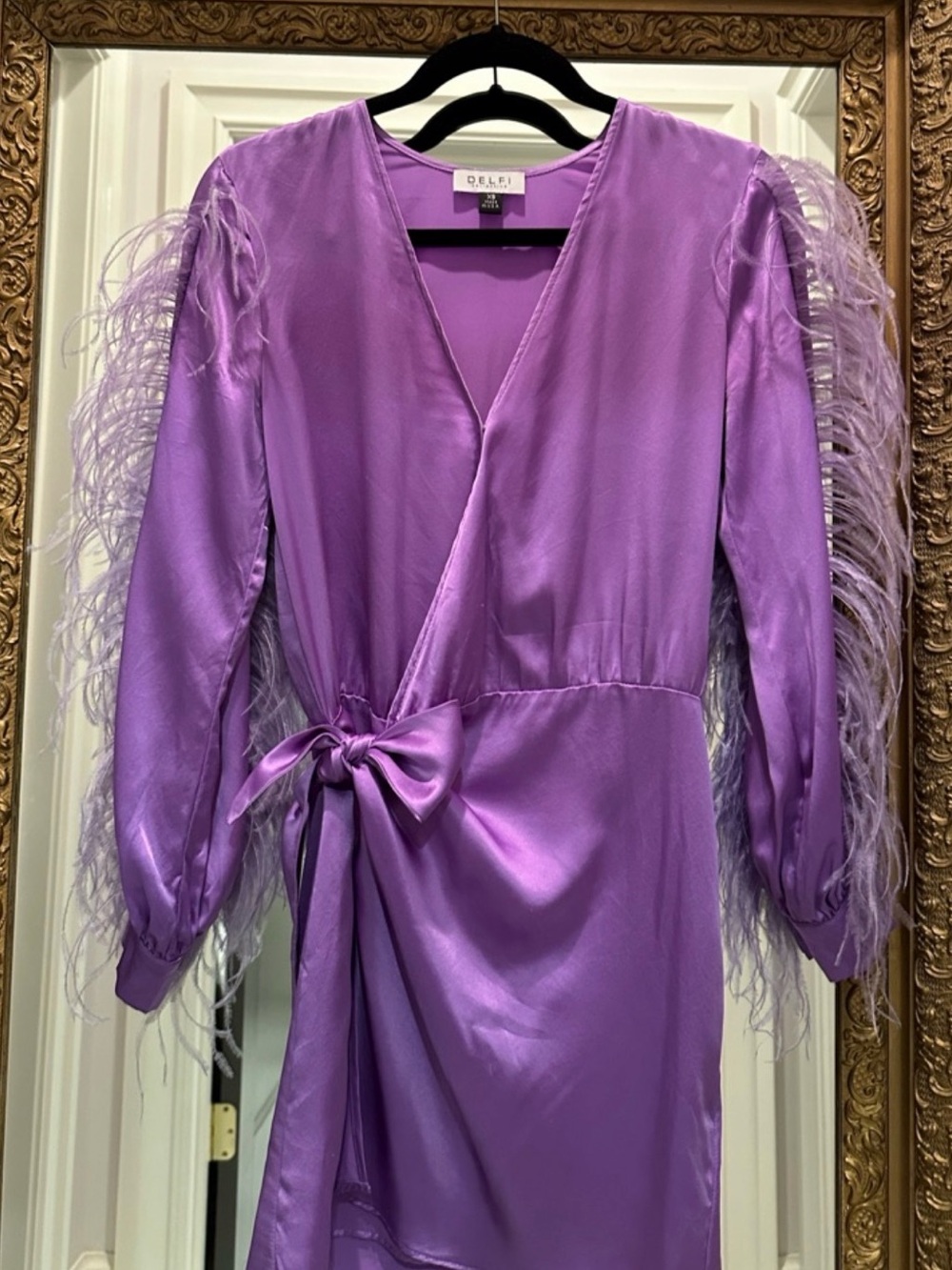 DELFI Collective Lilac Feather-Trim Mini Wrap Dress